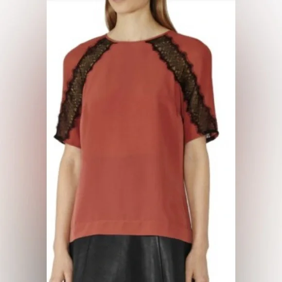 Reiss Lace Inset Rust Ariel Top sz 8 Satin Feminine Fall Office Dainty Raglan - Picture 1 of 9